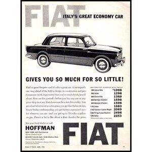 1958 Fiat Economy Car Sedan Italy Vintage Print Ad Italian Wall Art Decor